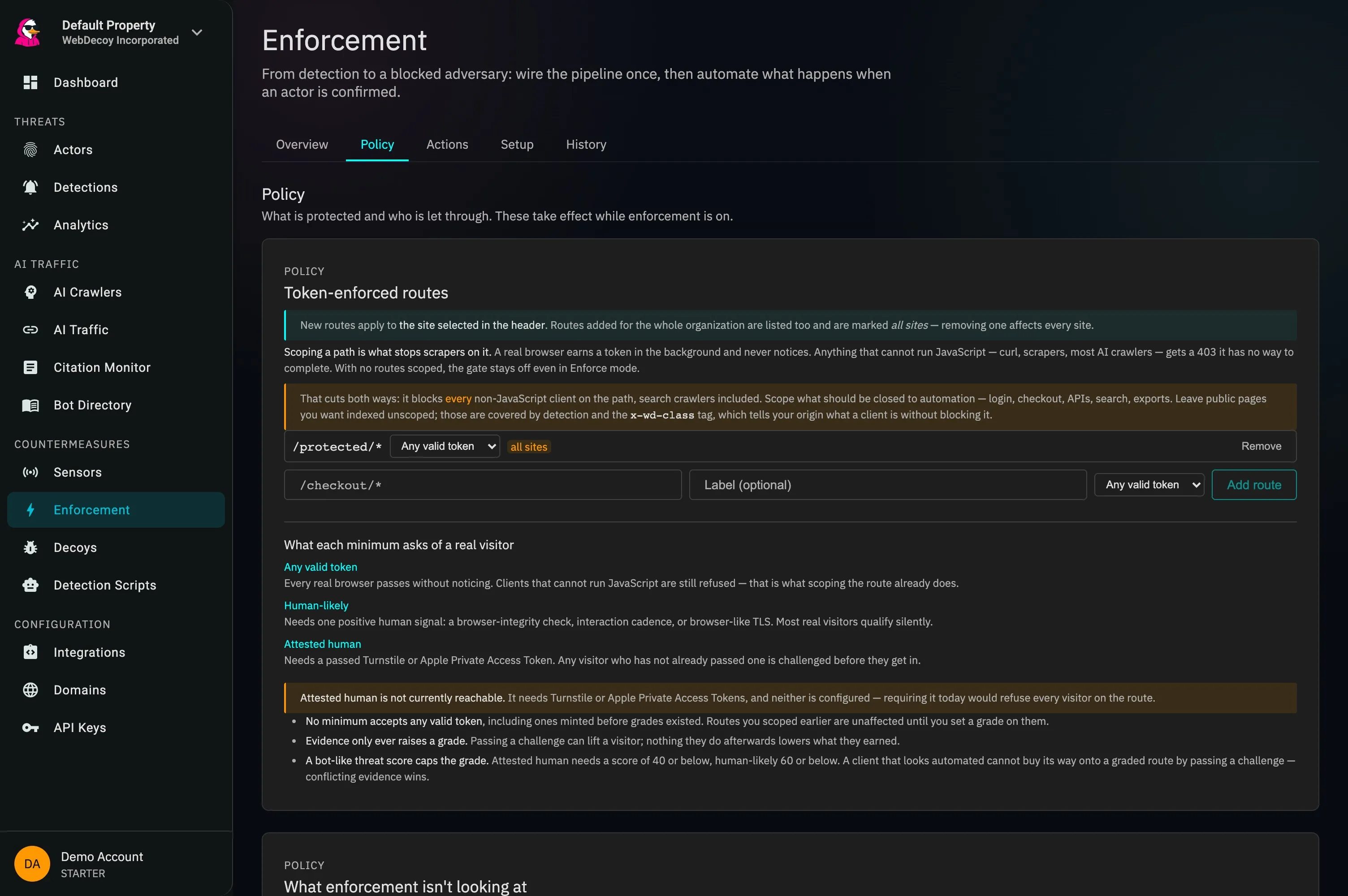 WebDecoy Enforcement policy page showing token-enforced routes and human-trust requirements