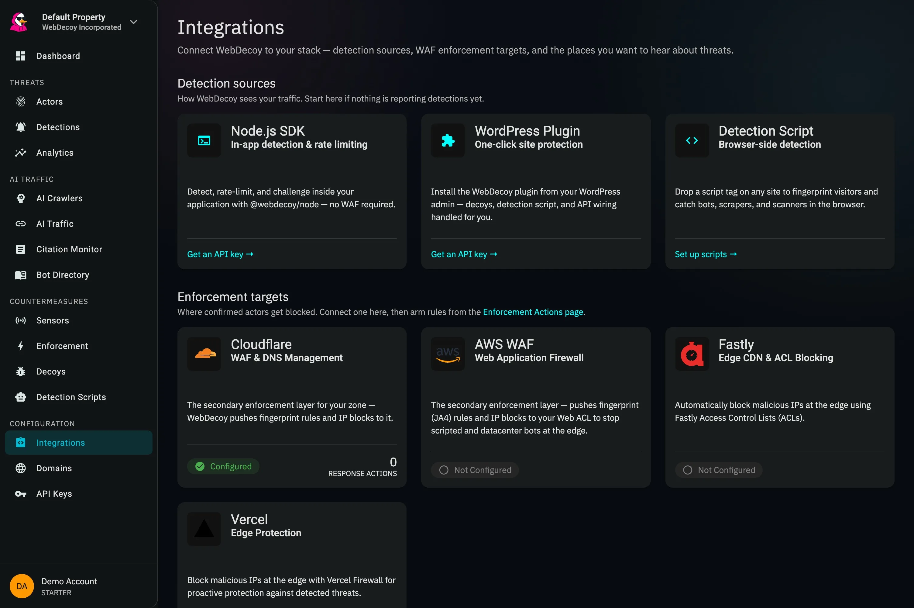 WebDecoy Integrations page grouping Node.js, WordPress, browser script, Cloudflare, AWS WAF, Fastly, and Vercel by job